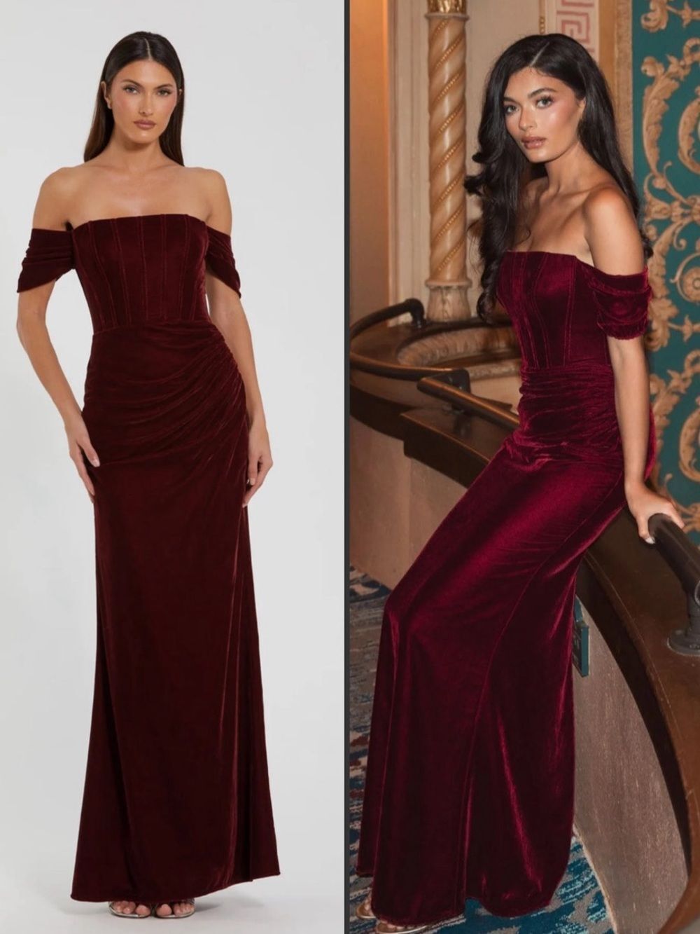 MAC DUGGAL Off The Shoulder Velvet Bustier Gown Wine Are Size 8